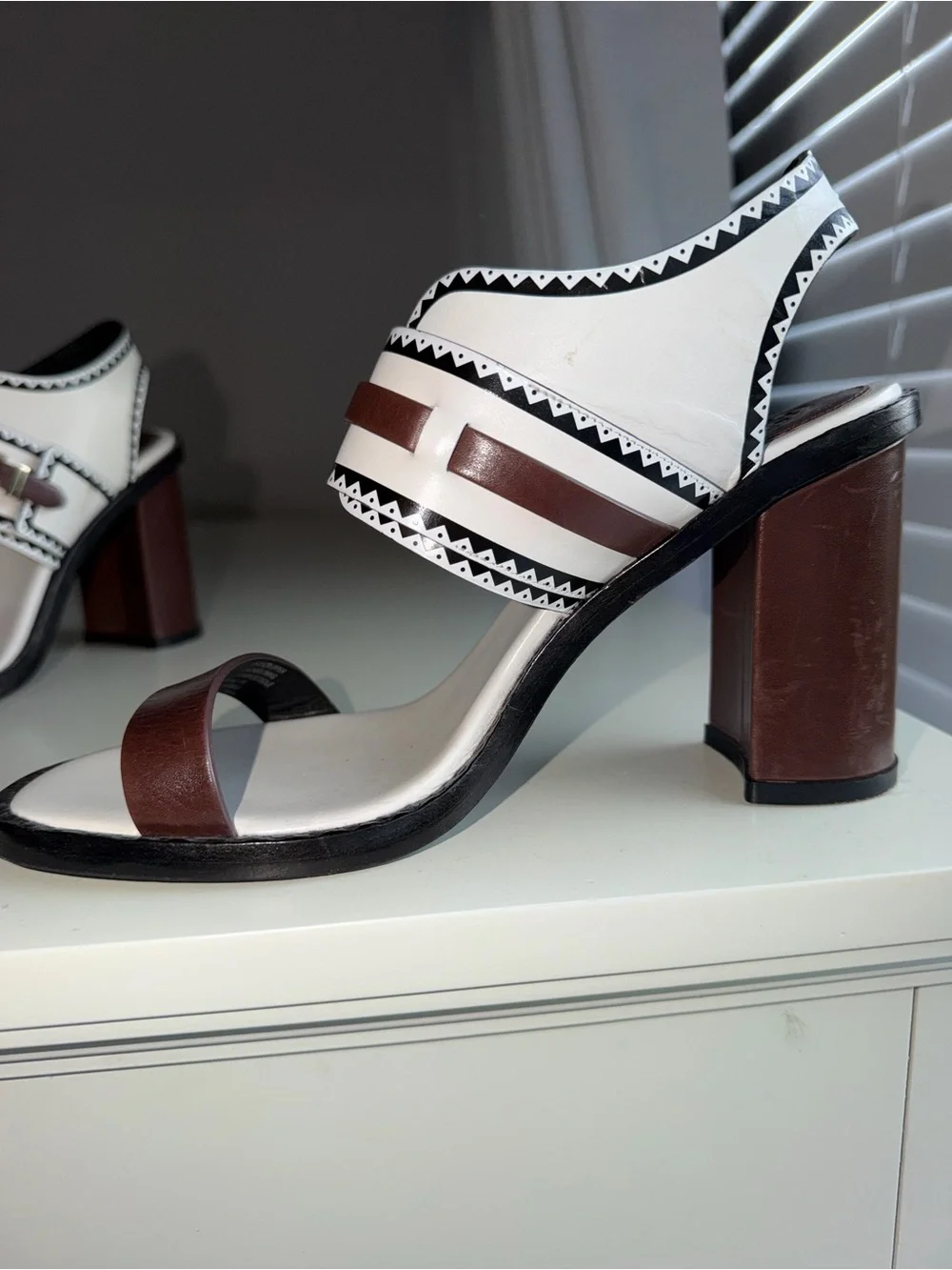 Tory Burch White and Brown Leather Buckle Sandals